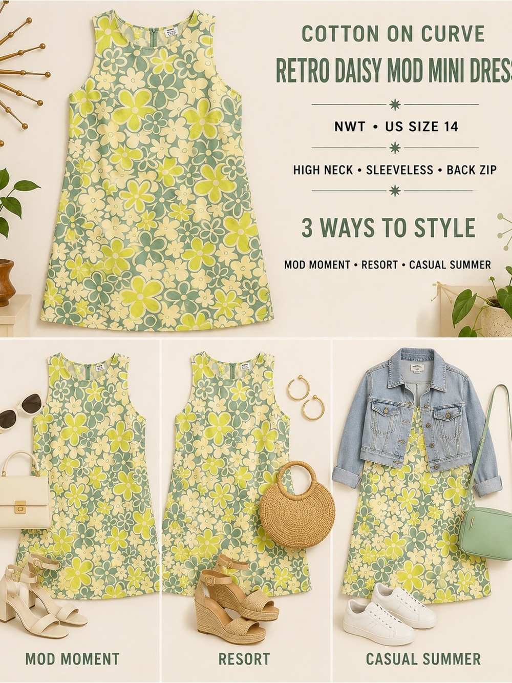 NWT Cotton On Curve Retro Daisy Mod Mini Shift Dress Size 14